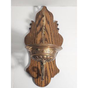 Vintage Flower and Leave Brass Arm Wall Sconce Candle Holder Mounted Wood.